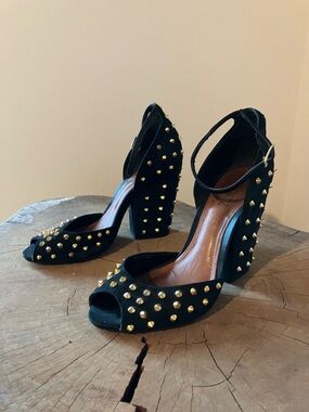 SCHUTZ Black Peep-Toe Ankle Strap Heels with Gold Studs